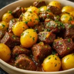 Crockpot Garlic Butter Beef Bites with Potatoes First Image