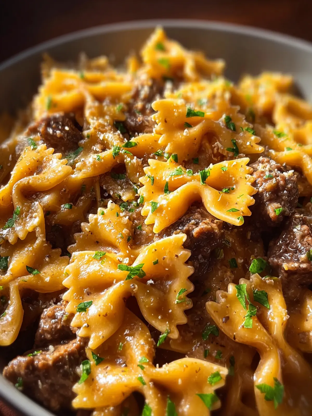 Garlic Butter Beef Cheesy Bowtie Pasta Recipe – Easy & Delicious! First Image